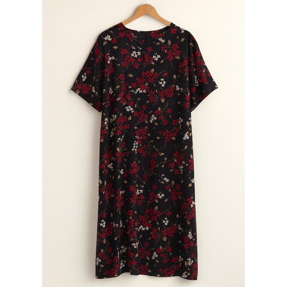 Vintage Elaine Benes sz 2X Black Floral Short Sleeve Sheath Maxi Dress Evening - Picture 1 of 9
